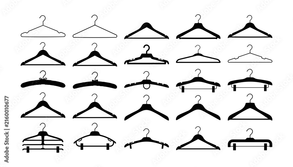 Fototapeta premium Large collection of realistic clothes hanger icons in black silhouette and wire outline formats for apparel organization retail website templates 