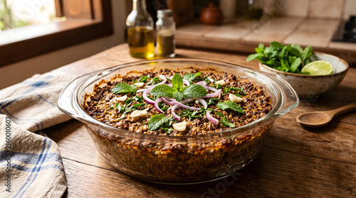 Kibe Dish, Brazilian Snack, Roasted kibe in the glass bowl with mint, garlic and onion Brazilian snack (Kibe de Forno)
