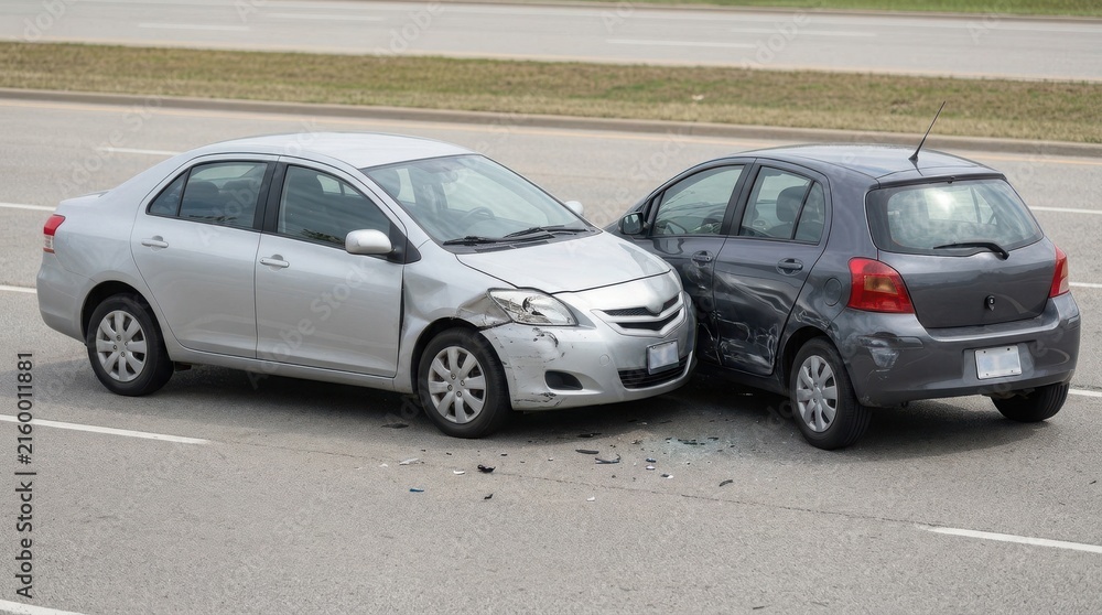 Naklejka premium A silver sedan and a dark hatchback involved in a minor car accident on a paved road surface
