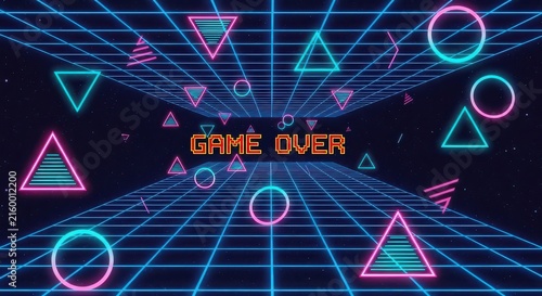 Vibrant retro-futuristic game over screen with neon grid and geometric shapes.