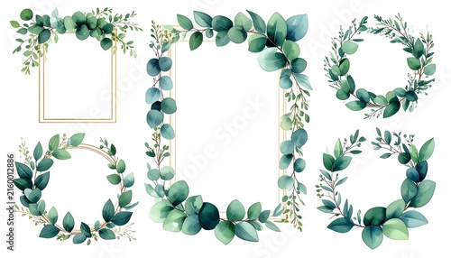 Watercolor Eucalyptus Leaves Frames and Wreaths Clipart Set