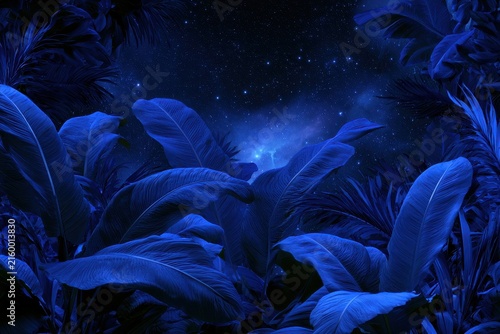Blue tropical leaves against a starry space backdrop â€” digital botanical illustration