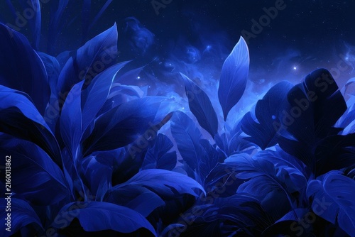 Blue tropical leaves arrangement against a starry space background for modern design