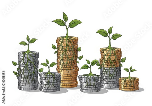 Sprouting plants growing from stacked coins on white background