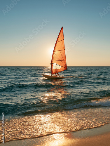 Windsurfer Riding Waves At Sunset