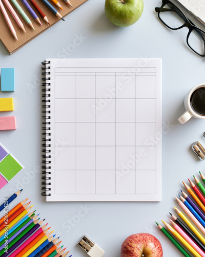 Notebook planner teacher template printable pencil color apple desk stationery spiral notebook with blank grid page colored pencil sticky note eyeglass coffee cup sharpener school supply flat lay