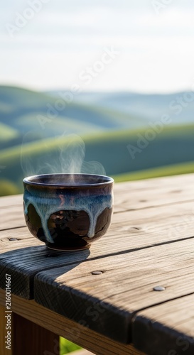 A steaming ceramic cup of tea rests on a rustic wooden table, overlooking rolling green hills under a soft, bright morning sky in nature, table, countryside, rustic