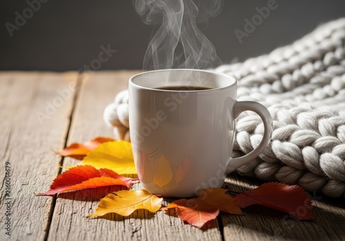 A steaming ceramic mug sits on a rustic wooden table surrounded by orange autumn leaves and a soft wool blanket during a quiet morning time, wallpaper, warmth, background
