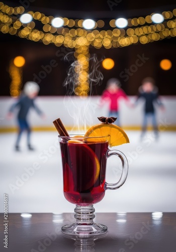 A steaming glass of dark red mulled wine garnished with cinnamon and orange sits before a glowing, festive ice rink with soft bokeh lights, lights, wood, celebration