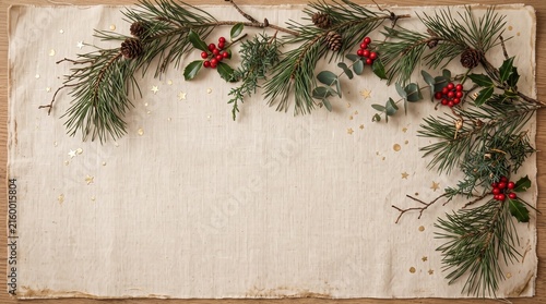 Festive Rustic Linen Background Featuring Evergreen Pine Branches and Red Holly Berries for Holiday Greeting Card Design