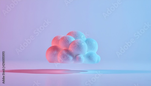 A 3D fluffy cloud hovers against a soft pastel background with vibrant blue and pink lighting effects
