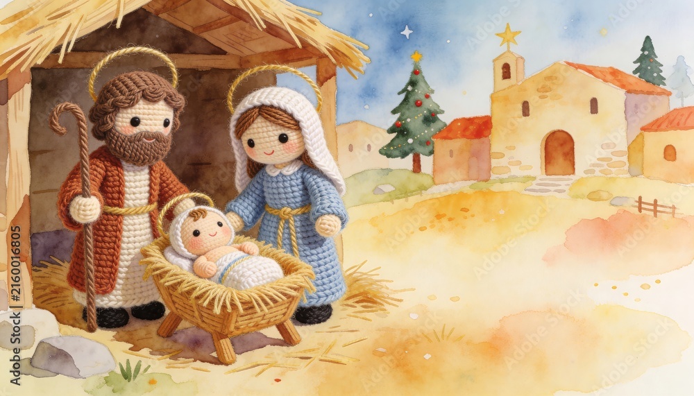 Fototapeta premium Knitted nativity family with baby Jesus in a manger beside a thatched stable. Christmas village scene with Christmas tree and copy space for holiday greeting card design