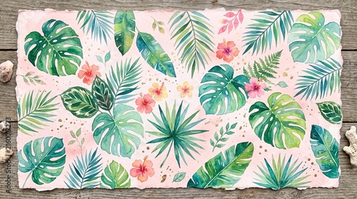 Watercolor Tropical Jungle Leaves and Exotic Hibiscus Flowers Pattern on Pink Textured Paper Background for Summer Scrapbook Design