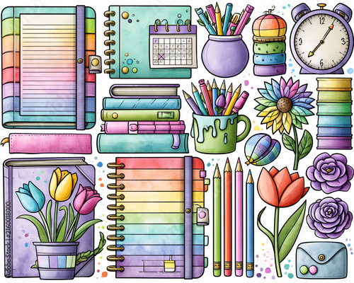 Watercolor planner clipart collection seasonal cheerful notebook pencil flower clock school supply arranged with pastel stationery