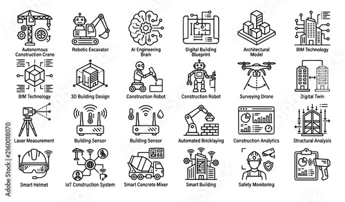 Smart Construction and AI Engineering Thin Line Icon Set with Robotic Cranes and Digital Architecture Symbols