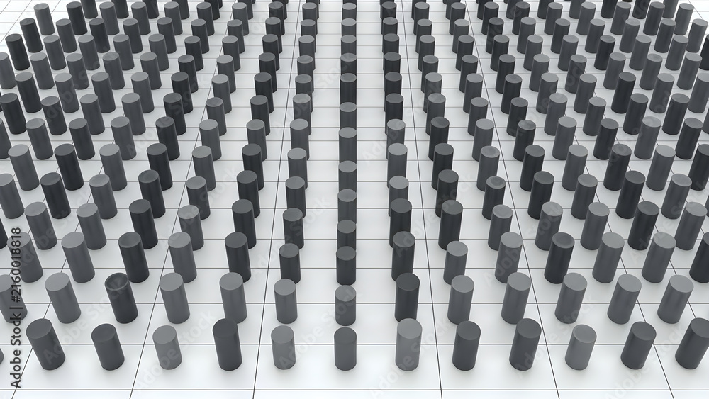 Fototapeta premium Uniform Array of Gray Cylindrical Pillars Arranged in a Symmetrical Grid Pattern on a Minimalist Surface