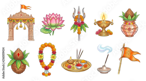 Фотография Collection of Hindu religious symbols and items used in worship and ceremonies, including a toran, lotus, trident, diya, kalash, coconut, garland, puja thali, incense, and flag
