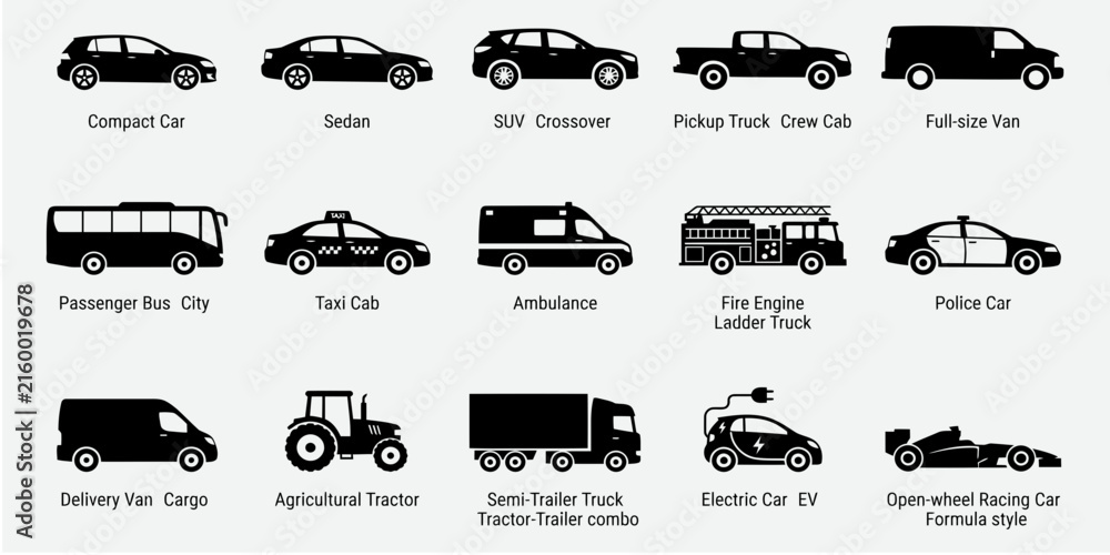 Fototapeta premium Comprehensive vector illustration set featuring various types of modern vehicles including cars trucks and specialized emergency transport icons
