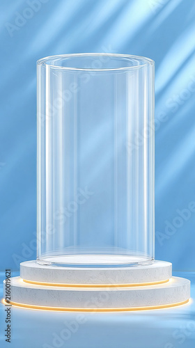 This is a minimalist product display scene. A tall clear acrylic cylinder is placed on two stacked circular white platforms, with a soft glowing orange light strip at the bottom edge