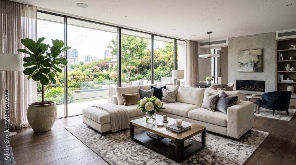 Fototapeta premium Modern luxury living room interior with beige sectional sofa and floor to ceiling windows