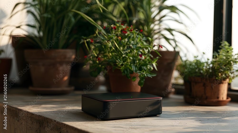 Fototapeta premium A sleek black electronic device rests on a stone ill beside potted plants bathed in natural sunlight