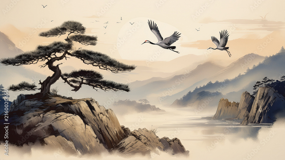 Fototapeta premium Traditional oriental watercolor painting, cranes in flight above a rocky pine cliff with a glowing full moon setting over serene lake waters and layered mountain peaks.