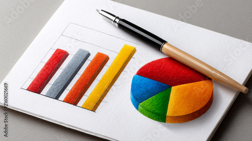 Compelling visualization of essential business data, featuring vibrant watercolor bar graph and pie chart crisp paper document. Strategic analysis provides clear information, fostering