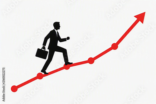 Businessman walking up an upward red graph with arrow, business success, black silhouette, flat design