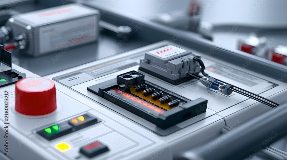 Fototapeta premium Close up of industrial control panel featuring red emergency button and illuminated circuitry components