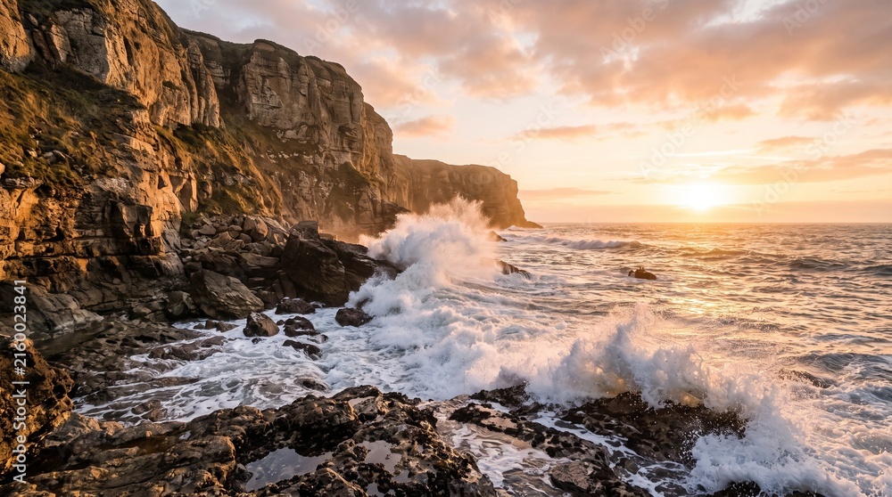 Fototapeta premium Dramatic ocean waves crash against rocky cliffs at sunset with golden light