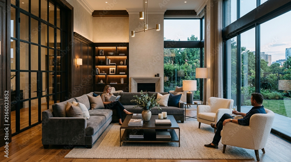 Fototapeta premium Luxury living room with fireplace, large windows, and elegant furnishings, people relaxing.