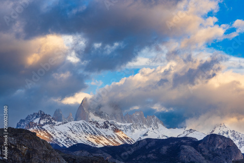 Dramatic early morning cloudscape over the Cerro Fitzroy (El Chalten) in Patagonia, Argentina