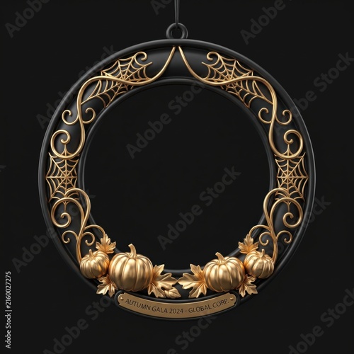 Gothic gold halloween wreath frame with pumpkins and spider webs