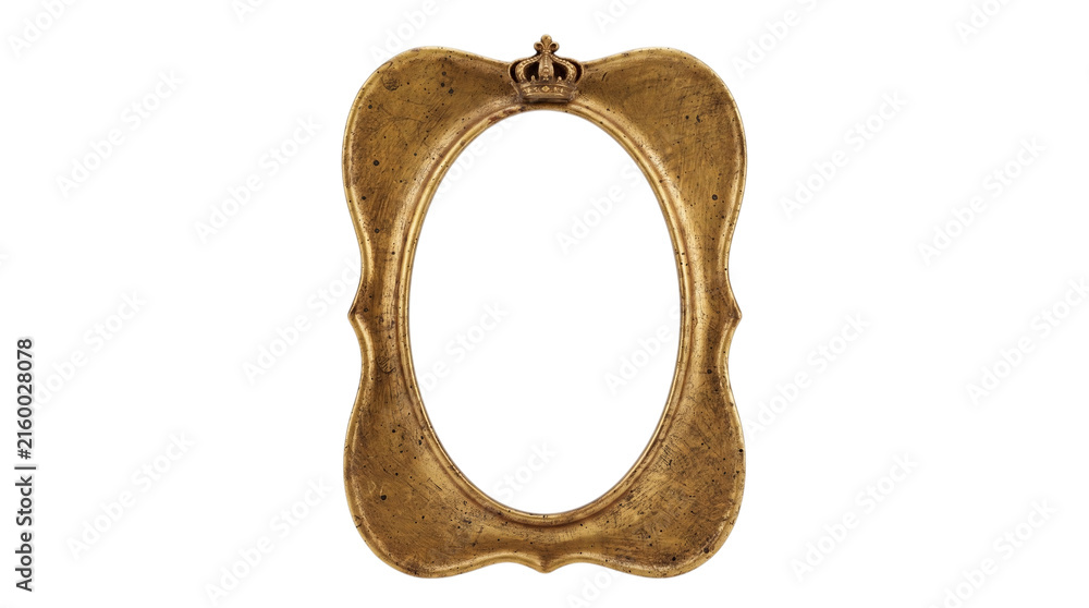 Fototapeta premium Curvy vintage gold picture frame topped with a royal crown on a transparent background