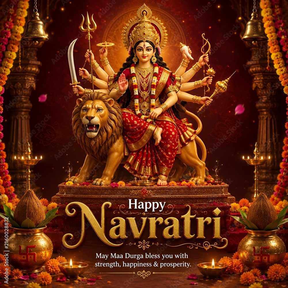 Fototapeta premium Happy navratri festive celebration image showcasing goddess durga seated on a lion holding traditional weapons with golden temple pillars