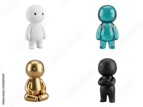 Four Variations of Ani Figurines, Showcasing White, Turquoise, Gold, and Black Color Schemes in a Minimalist Design.