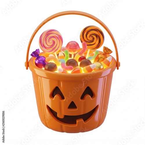 Halloween pumpkin bucket full of candy trick or treat concept