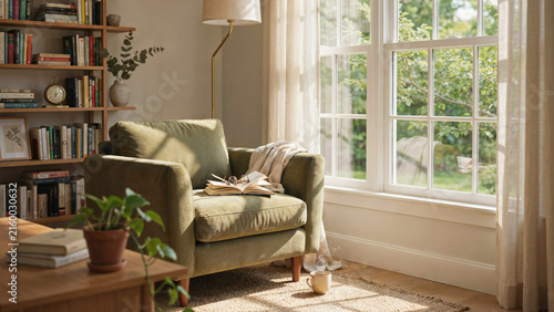 Cozy reading nook with green armchair by large windows overlooking lush garden scenery