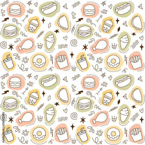 Cute Fast Food Seamless Pattern with Burgers, Hot Dogs, Fries, Chicken and Drinks