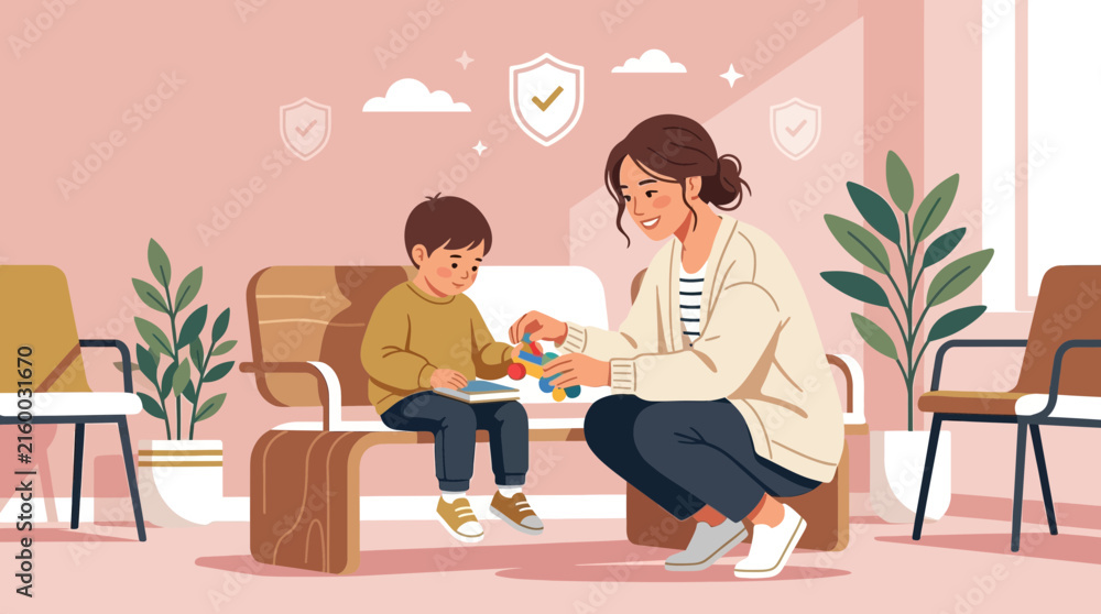 Fototapeta premium Mother and Child Playing in Waiting Room - Healthcare Concept