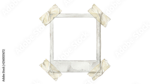 Watercolor vintage polaroid photo frame with adhesive tape isolated isolated on transparent background