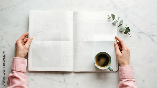 Top-down view of hands holding an open blank notebook with a cup of coffee on marble background