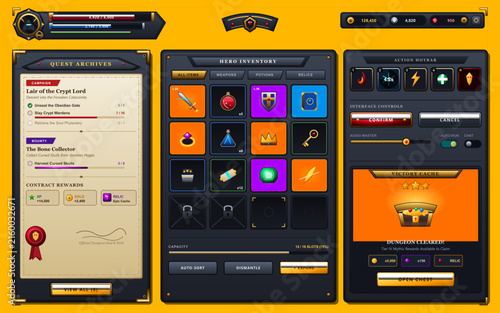 Obraz na plátně Fantasy RPG Inventory and Quest Interface with Victory Reward Cache
