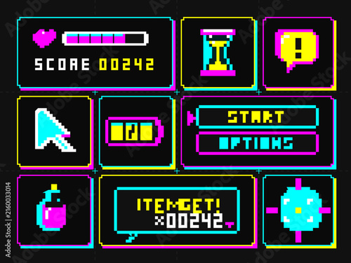 Neon pixel art game interface elements on black background