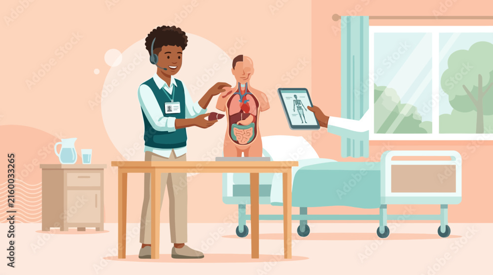 Fototapeta premium Medical Education: Doctor Teaching Anatomy with Model and Tablet