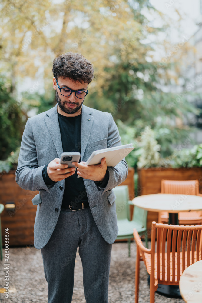 Fototapeta premium Man in a suit uses a smartphone and tablet while standing outside at a cafe. A professional checks messages and work on two devices in an outdoor business setting.