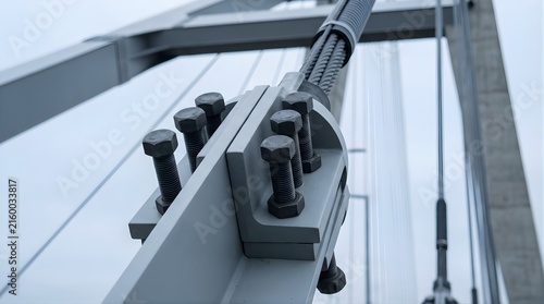 Close-up of steel cable tension anchor and bolts on modern bridge