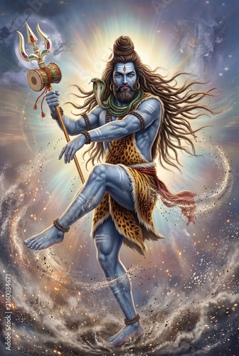 Majestic ancient Indian mythological deity holding a trident in a cosmic mountain setting, hyper-realistic digital art
