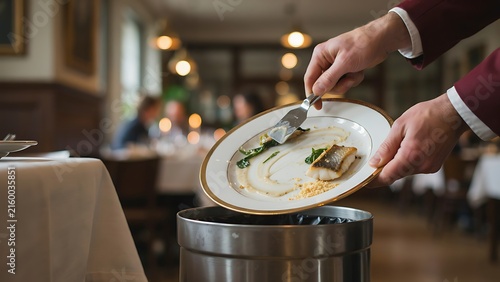 Waiter in maroon uniform scraping leftover fish and greens from a white plate into a metal trash bin