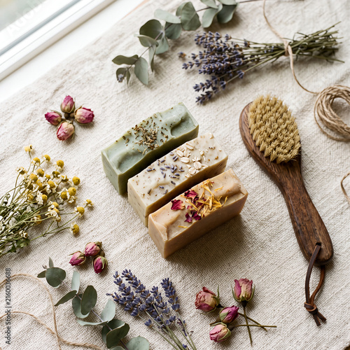 Natural still life with handmade soap and dried lavender flowers